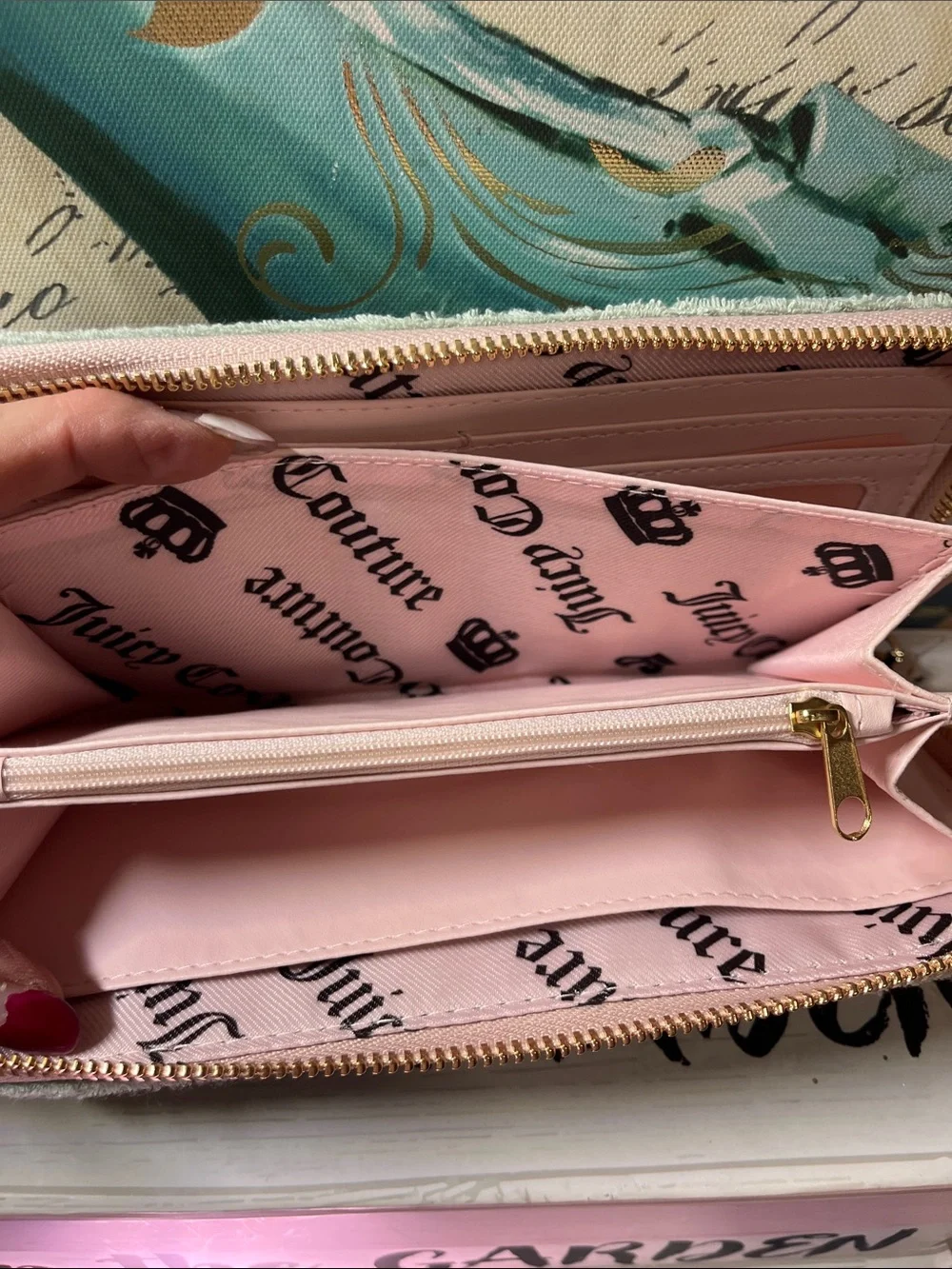 Juicy Couture Pink and Frosty Green Embroidered Chain zip wallet